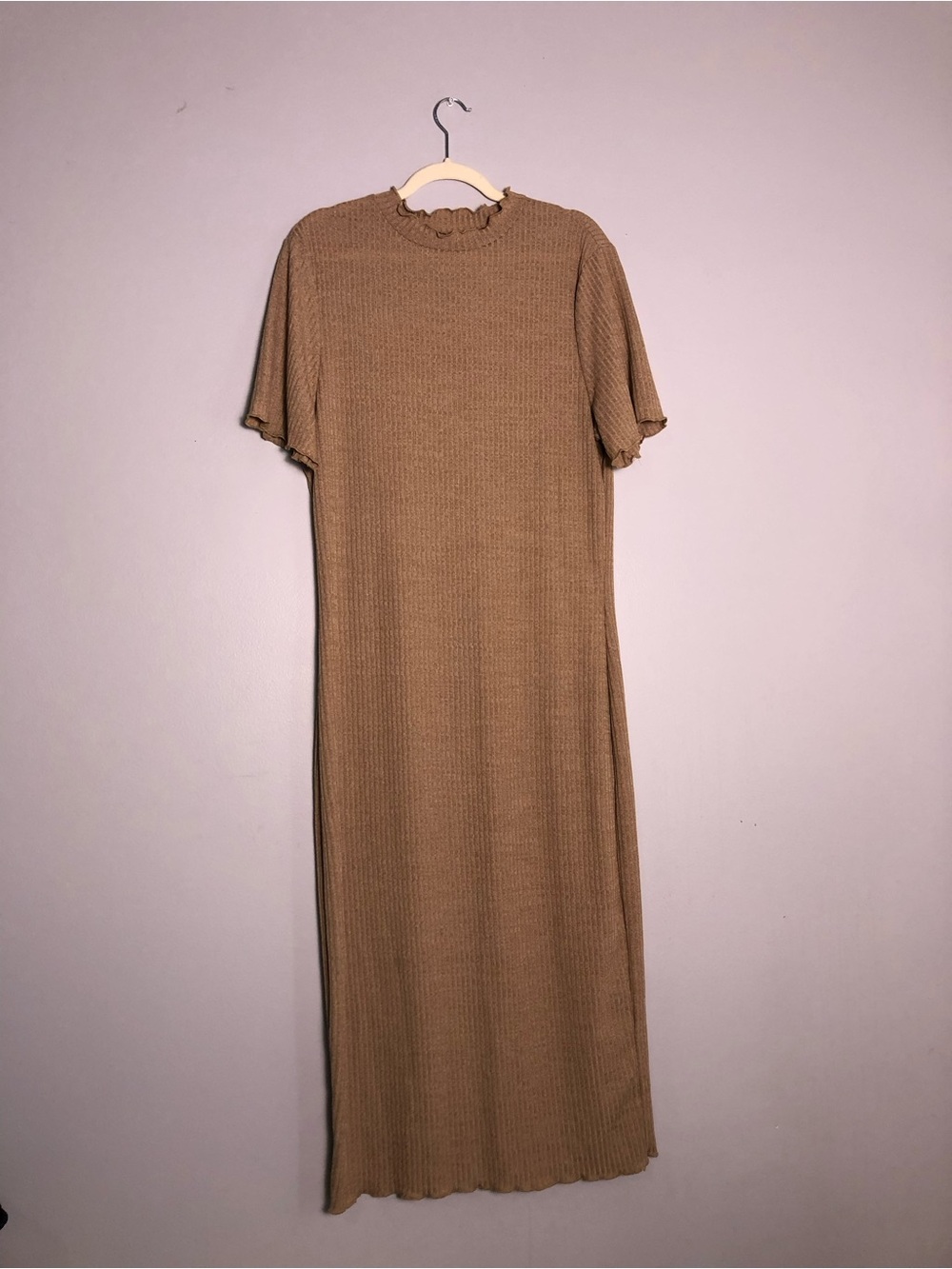 SHEIN Tan Ribbed Knit Maxi Dress with Ruffle Neck